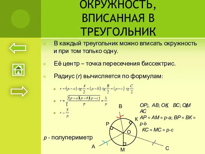 ОКРУЖНОСТЬ, ВПИСАННАЯ В ТРЕУГОЛЬНИК В каждый треугольник можно вписать окружность и