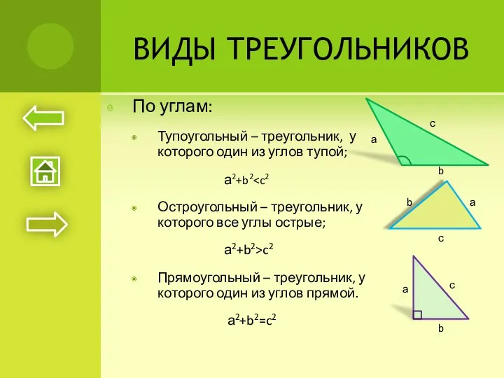 ВИДЫ ТРЕУГОЛЬНИКОВ По углам: Тупоугольный – треугольник, у которого один из