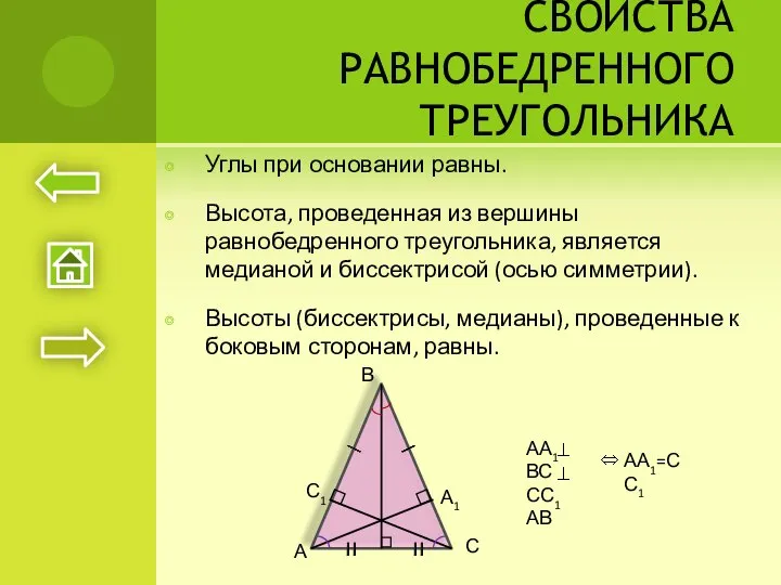 СВОЙСТВА РАВНОБЕДРЕННОГО ТРЕУГОЛЬНИКА Углы при основании равны. Высота, проведенная из вершины