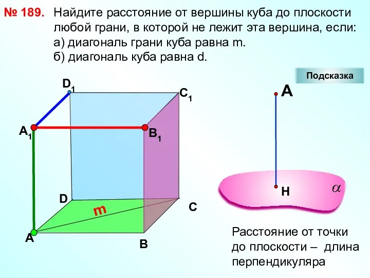 Найдите расстояние от вершины куба до плоскости любой грани, в которой