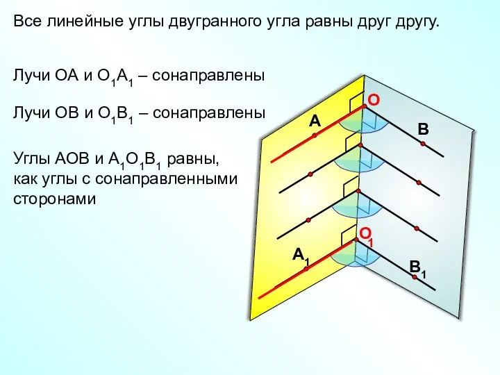Все линейные углы двугранного угла равны друг другу. 1 Лучи ОА