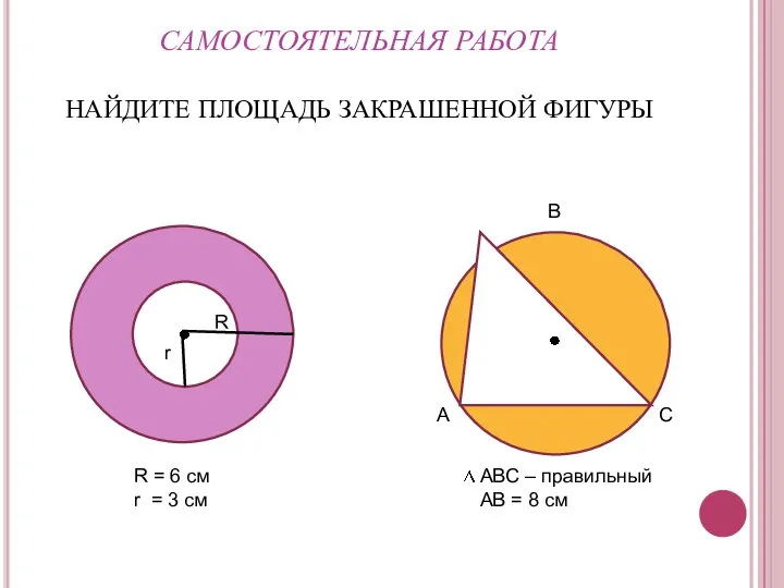 САМОСТОЯТЕЛЬНАЯ РАБОТА НАЙДИТЕ ПЛОЩАДЬ ЗАКРАШЕННОЙ ФИГУРЫ R r R = 6