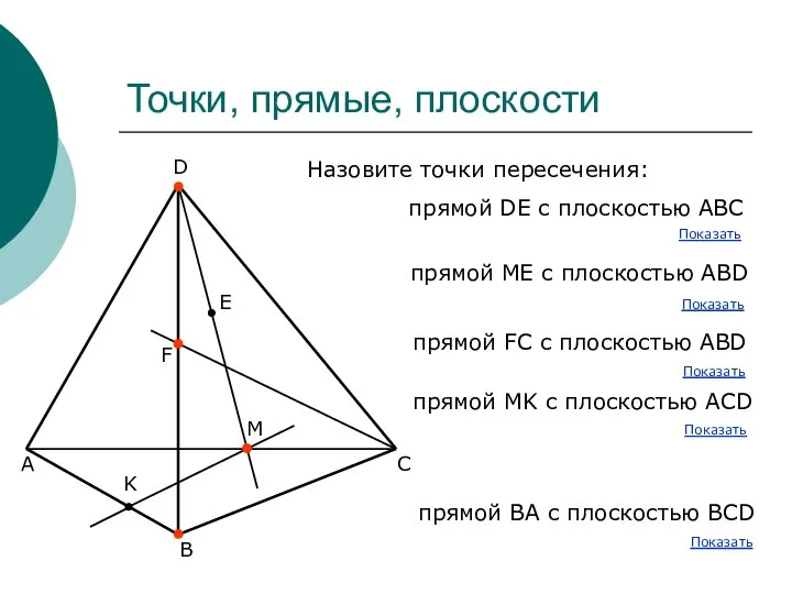 Точки, прямые, плоскости А В С D E F K M