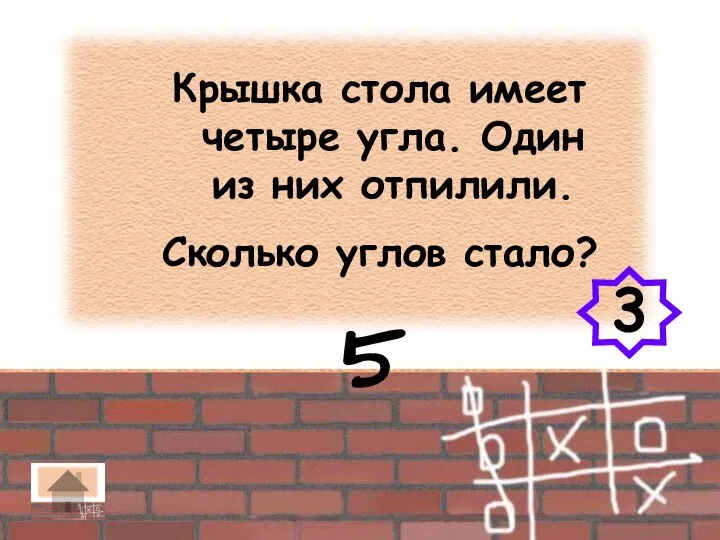 Крышка стола имеет четыре угла. Один из них отпилили. Сколько углов стало? 5 3