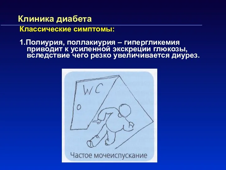 Клиника диабета Классические симптомы: 1.Полиурия, поллакиурия – гипергликемия приводит к усиленной