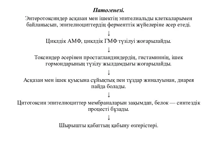 Патогенезі. Энтеротоксиндер асқазан мен ішектің эпителиальды клеткаларымен байланысып, эпителиоциттердің ферменттік жүйелеріне