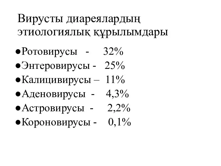 Вирусты диареялардың этиологиялық құрылымдары Ротовирусы - 32% Энтеровирусы - 25% Калицивирусы