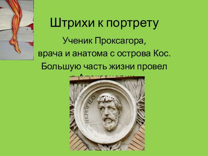 Штрихи к портрету Ученик Проксагора, врача и анатома с острова Кос.