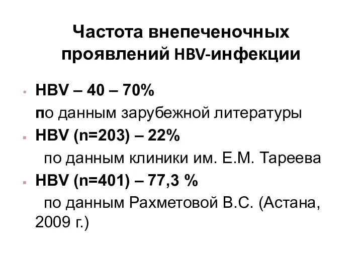 Частота внепеченочных проявлений HBV-инфекции HBV – 40 – 70% по данным