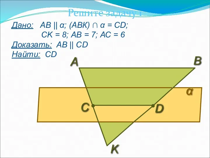 Решите задачу 1 Дано: АВ || α; (АВК) ∩ α =