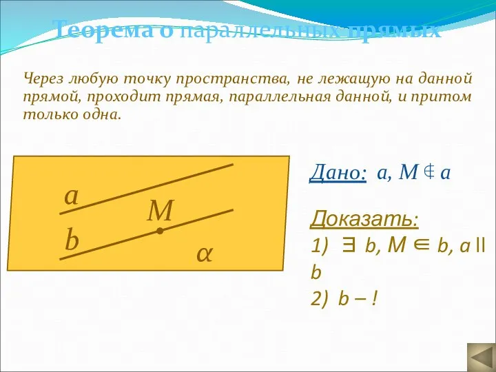 Теорема о параллельных прямых Через любую точку пространства, не лежащую на