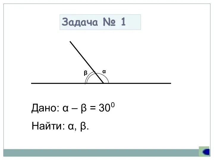 Задача № 1 Дано: α – β = 300 Найти: α, β.