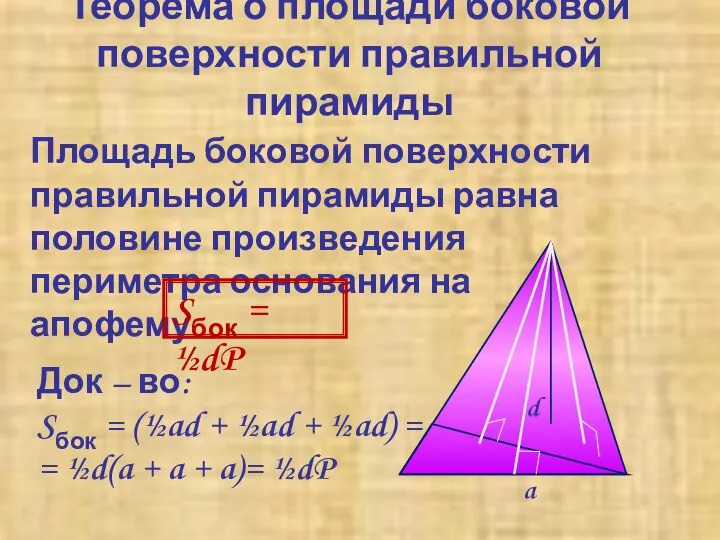 Теорема о площади боковой поверхности правильной пирамиды Площадь боковой поверхности правильной