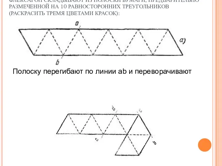 ФЛЕКСАГОН СКЛАДЫВАЮТ ИЗ ПОЛОСКИ БУМАГИ, ПРЕДВАРИТЕЛЬНО РАЗМЕЧЕННОЙ НА 10 РАВНОСТОРОННИХ ТРЕУГОЛЬНИКОВ