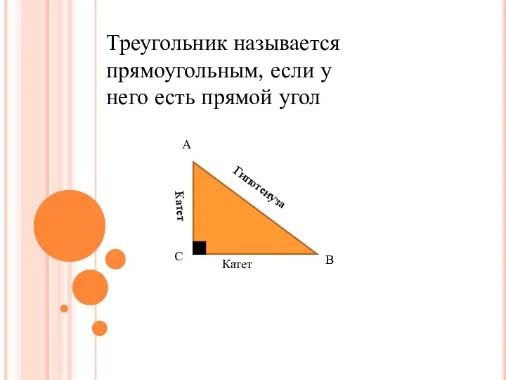 Треугольник называется прямоугольным, если у него есть прямой угол А В С Гипотенуза Катет Катет