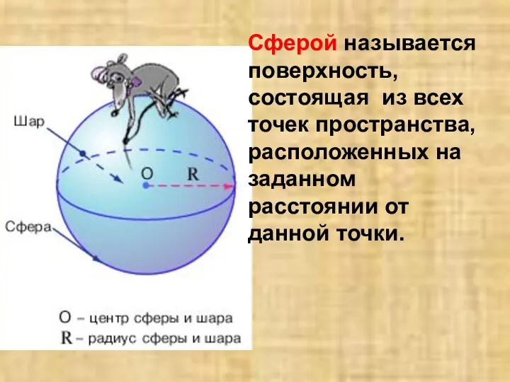 Сферой называется поверхность, состоящая из всех точек пространства, расположенных на заданном расстоянии от данной точки.