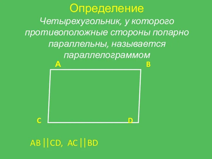 А B C D AB ⎢⎢CD, AC ⎢⎢BD Определение Четырехугольник, у
