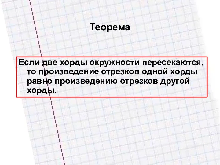 Теорема Если две хорды окружности пересекаются, то произведение отрезков одной хорды равно произведению отрезков другой хорды.