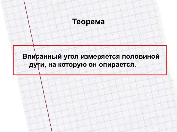 Теорема Вписанный угол измеряется половиной дуги, на которую он опирается.