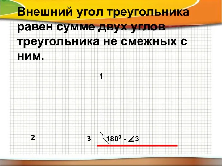 1800 - ∠3 3 2 1 Внешний угол треугольника равен сумме