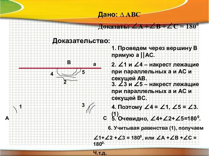 Дано: ∆ АВС Доказать: ∠А +∠В +∠С = 1800 Доказательство: 2.