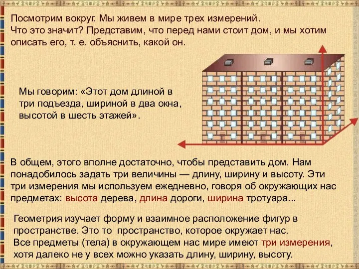 Посмотрим вокруг. Мы живем в мире трех измерений. Что это значит?