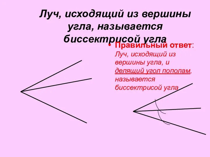 Луч, исходящий из вершины угла, называется биссектрисой угла Правильный ответ: Луч,