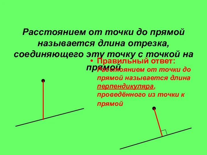 Расстоянием от точки до прямой называется длина отрезка, соединяющего эту точку