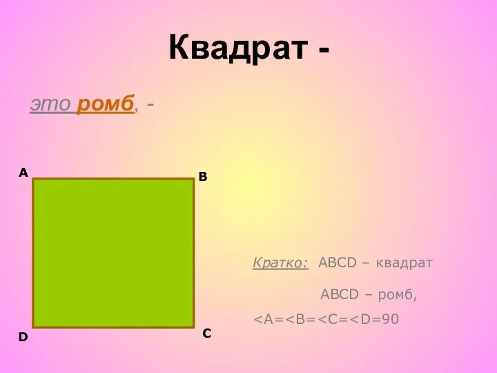 Квадрат - это ромб, - А D Кратко: АВСD – квадрат АВСD – ромб, В С