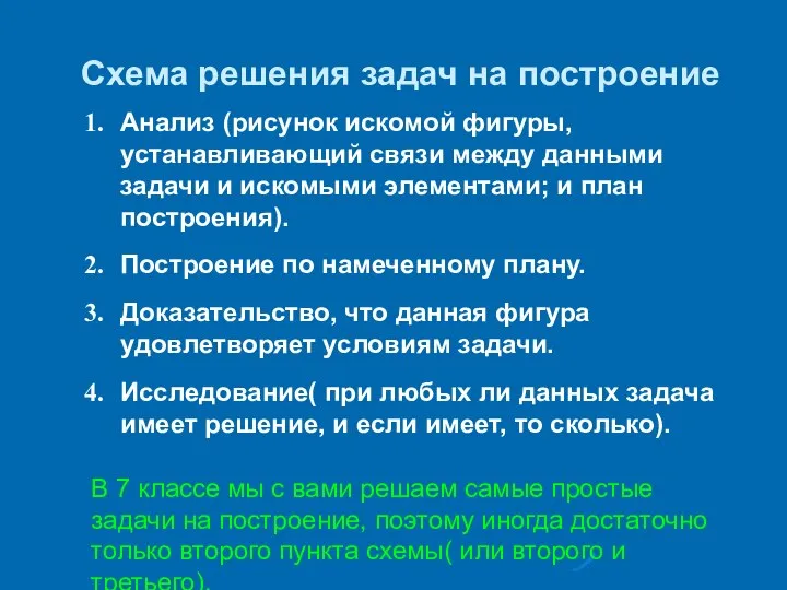 Схема решения задач на построение Анализ (рисунок искомой фигуры, устанавливающий связи