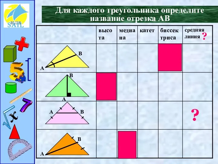 Для каждого треугольника определите название отрезка АВ ? ?