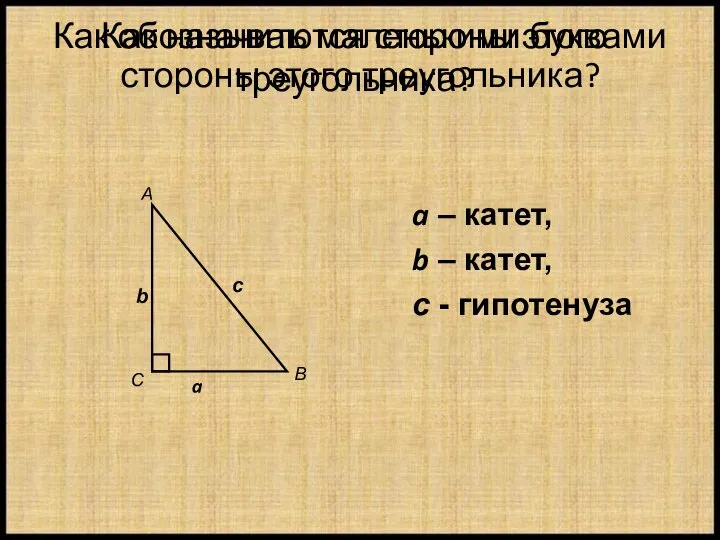 Как называются стороны этого треугольника? a – катет, b – катет,