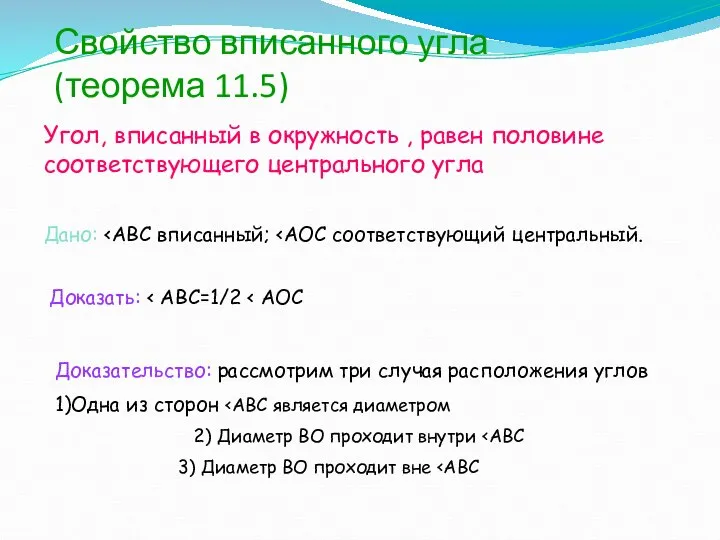 Свойство вписанного угла (теорема 11.5) Угол, вписанный в окружность , равен