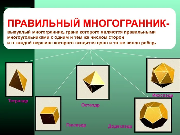 ПРАВИЛЬНЫЙ МНОГОГРАННИК- выпуклый многогранник, грани которого являются правильными многоугольниками с одним