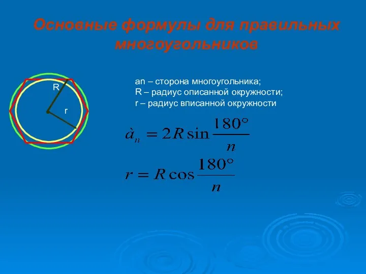 Основные формулы для правильных многоугольников R r an – сторона многоугольника;