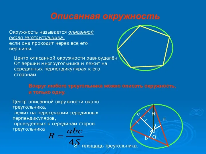 Описанная окружность Центр описанной окружности равноудалён От вершин многоугольника и лежит