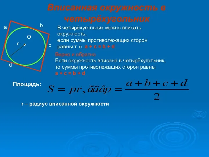 Вписанная окружность в четырёхугольник а b c d O r В