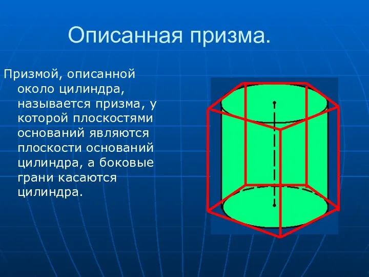 Описанная призма. Призмой, описанной около цилиндра, называется призма, у которой плоскостями