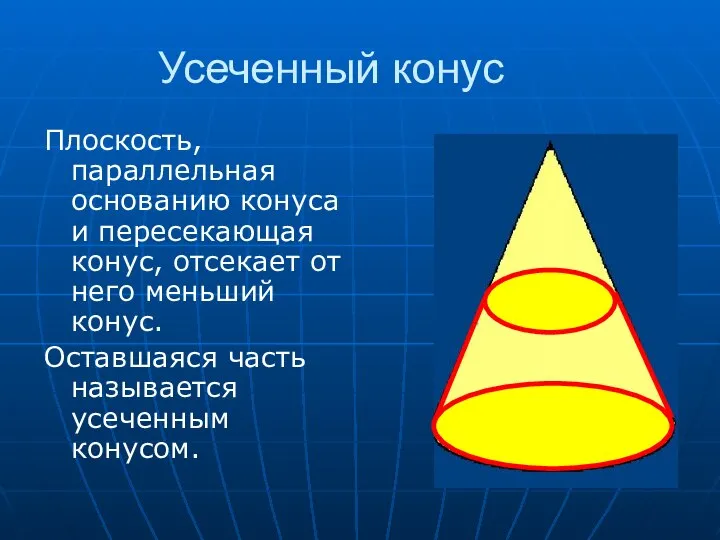 Усеченный конус Плоскость, параллельная основанию конуса и пересекающая конус, отсекает от