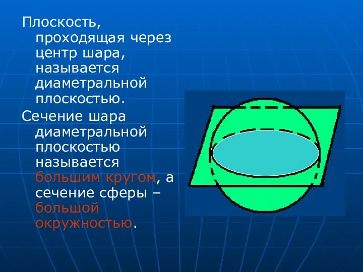 Плоскость, проходящая через центр шара, называется диаметральной плоскостью. Сечение шара диаметральной