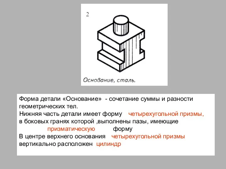 Форма детали «Основание» - сочетание суммы и разности геометрических тел. Нижняя