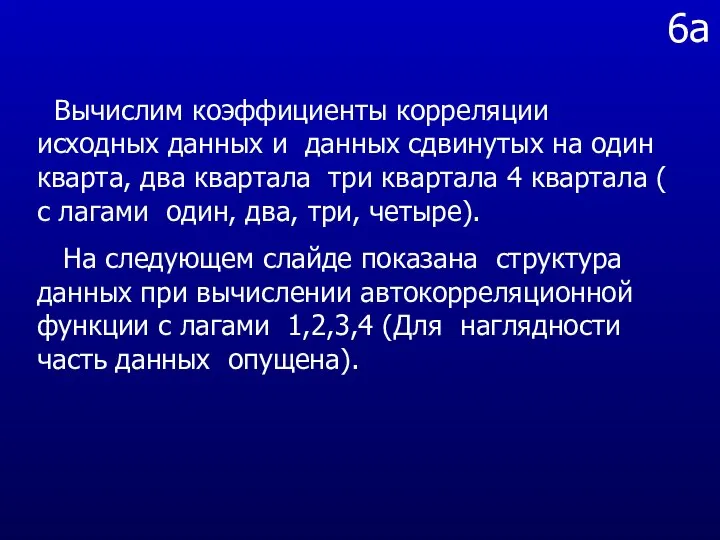 6a Вычислим коэффициенты корреляции исходных данных и данных сдвинутых на один