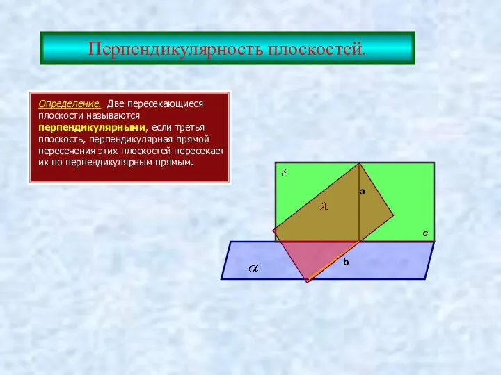 Перпендикулярность плоскостей. Определение. Две пересекающиеся плоскости называются перпендикулярными, если третья плоскость,