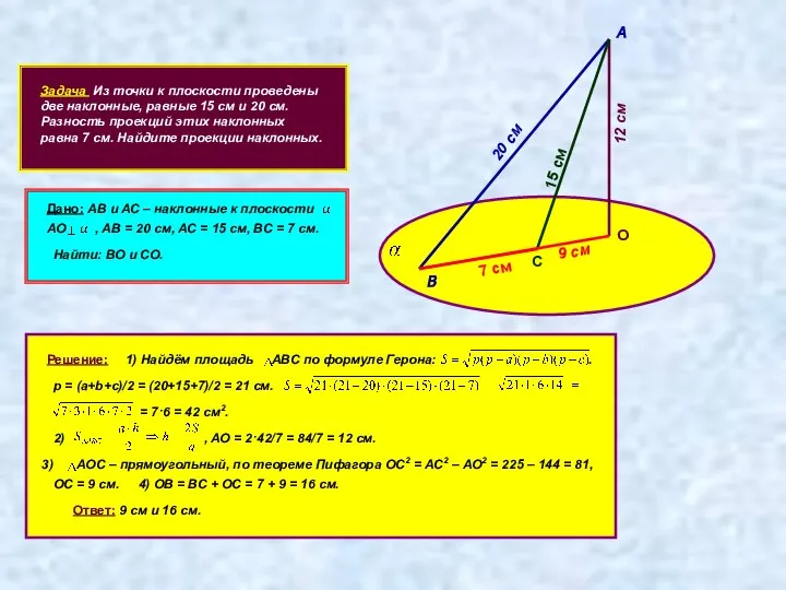 Задача Из точки к плоскости проведены две наклонные, равные 15 см