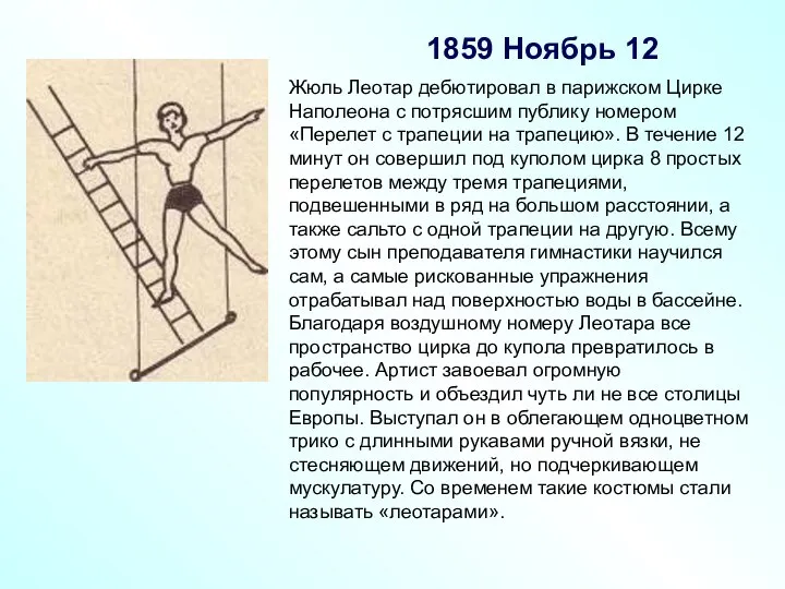 1859 Ноябрь 12 Жюль Леотар дебютировал в парижском Цирке Наполеона с