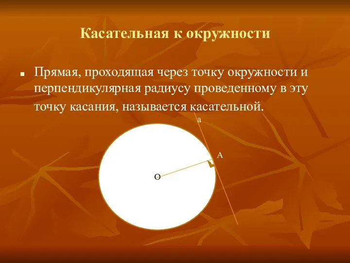 Касательная к окружности Прямая, проходящая через точку окружности и перпендикулярная радиусу