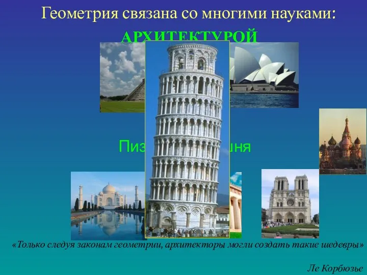 Геометрия связана со многими науками: АРХИТЕКТУРОЙ «Только следуя законам геометрии, архитекторы