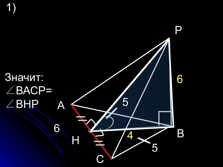 Р А В С Н Значит: ∠ВАСР= ∠ВНР 1) 5 5 6 6 6 4