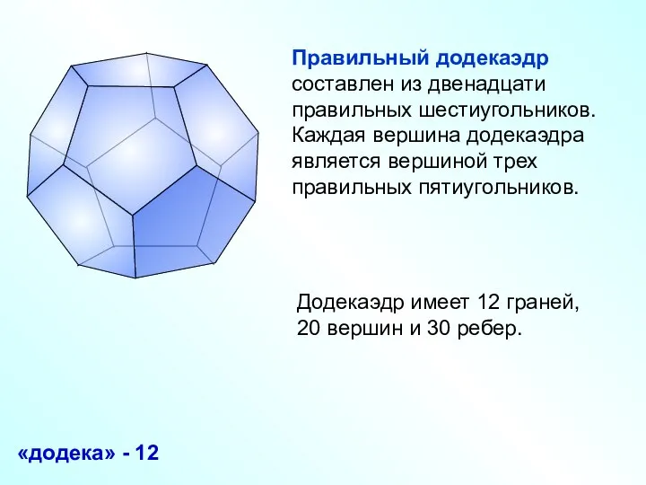 Правильный додекаэдр составлен из двенадцати правильных шестиугольников. Каждая вершина додекаэдра является