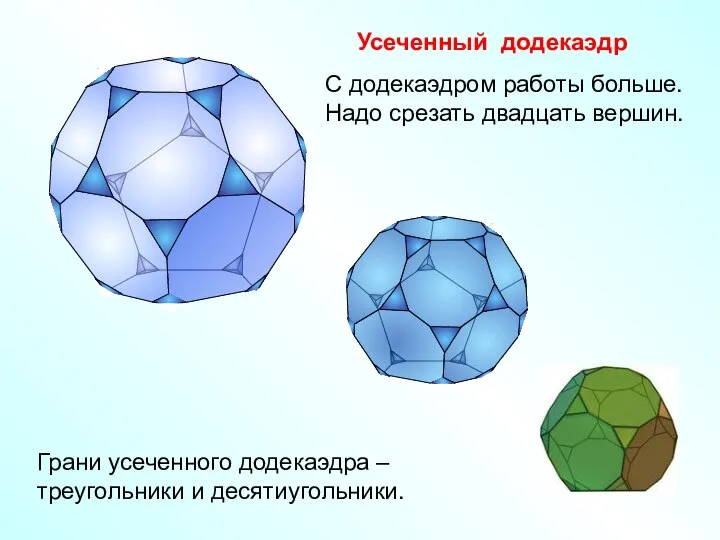 Усеченный додекаэдр С додекаэдром работы больше. Надо срезать двадцать вершин. Грани